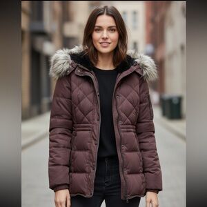 BCBGeneration Burgundy Puffer Jacket with Faux Fur Hood